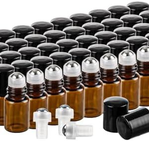 50 Stück Ätherische Öle Roller Flaschen 2ml – Braune Glasflaschen mit Edelstahl Rollenkugeln für Spa, Massage und Aromat