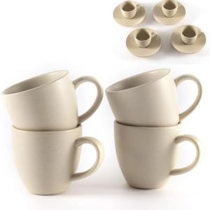 Hochwertiges Steingut Espressotassen Set – 4er handgefertigte Tassen mit Untertellern für stilvollen Kaffeegenuss (Beige