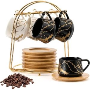 Elegantes 6er Set Keramik-Kaffeetassen & Holzuntersetzer mit Goldenem Metallständer – Ideal für Latte, Cappuccino & Tee