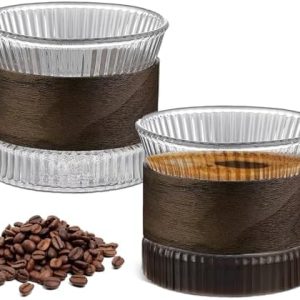 Espressotassen Set 2er – 150 ml Glas mit Walnuss Holz Hülle für perfekten Cappuccino zu Hause